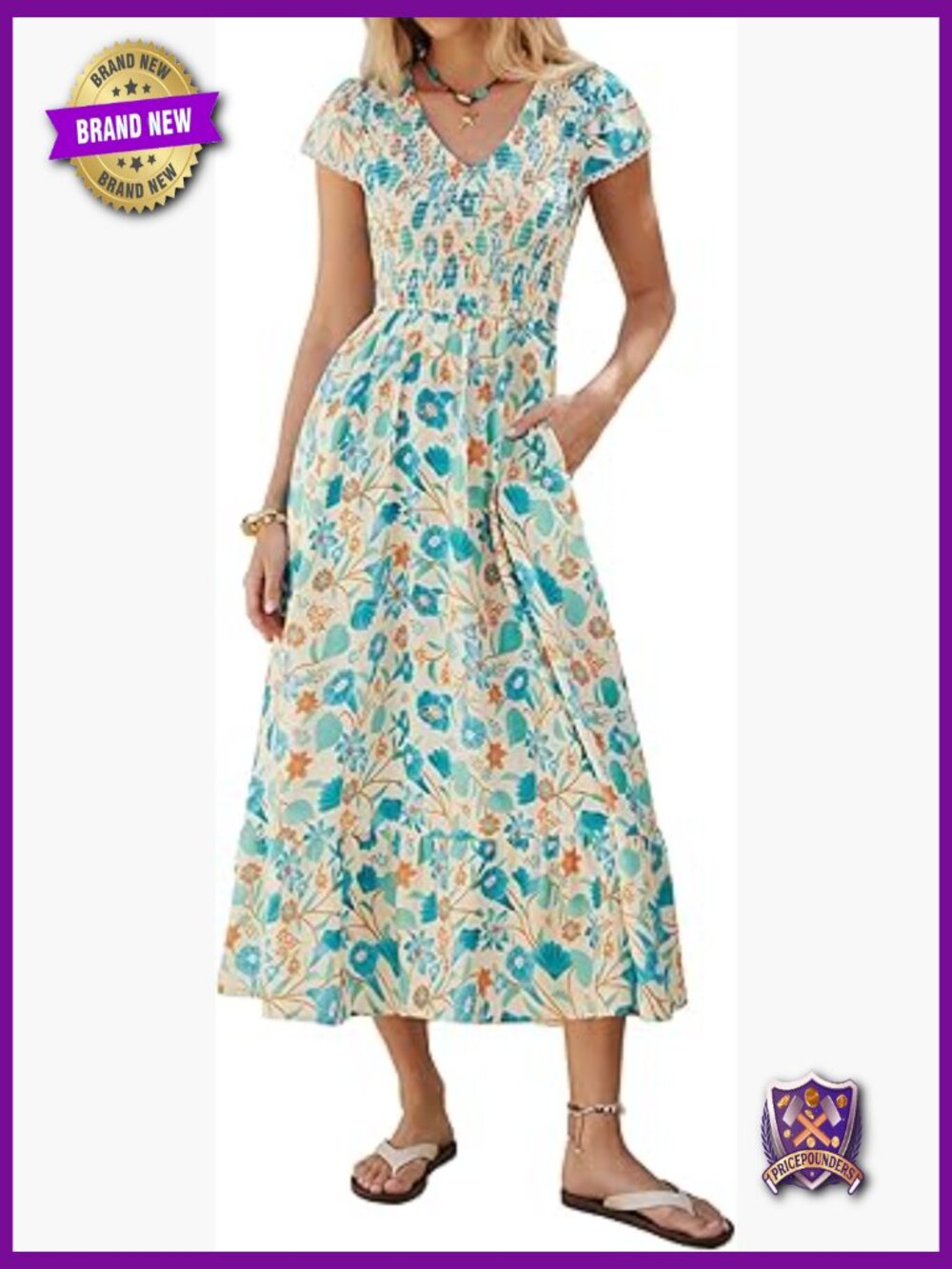 Women's Floral Maxi Dress V-Neck Smocked Boho Sundress Flowy Long Vacation